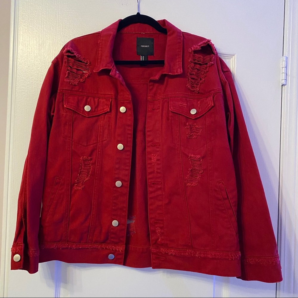 💕 • Red Denim Ripped Jacket